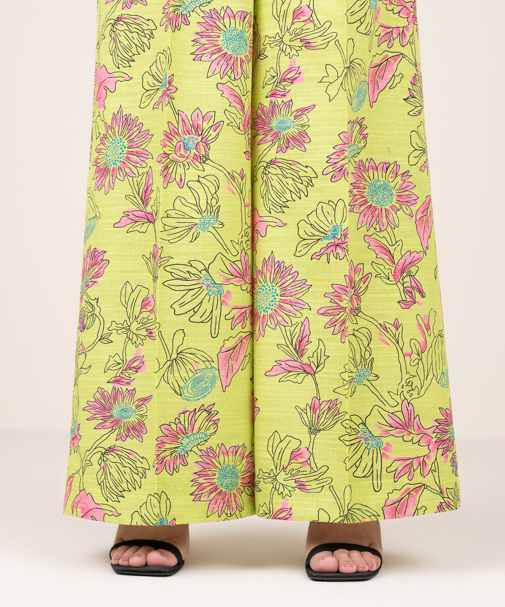 Women's RTW Khaddar Printed Lime Green Flared Pants