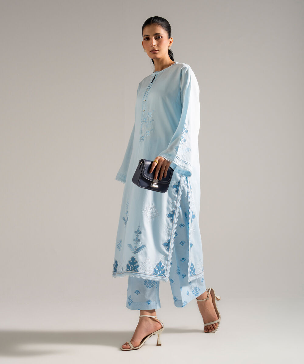 Women's RTW Dobby Embroidered Blue 2 Piece Suit