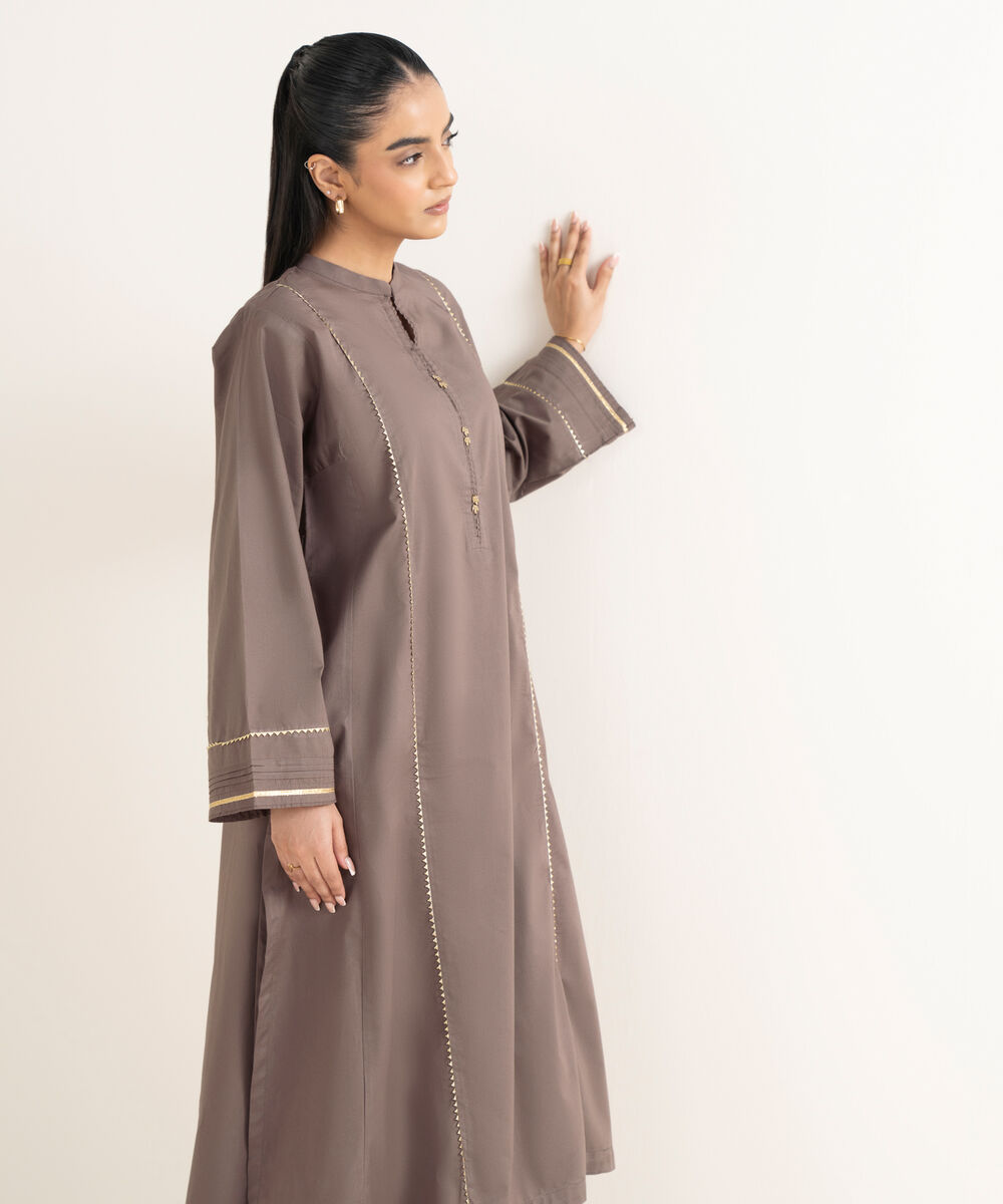 Women's RTW Cambric Solid A-Line Brown Shirt