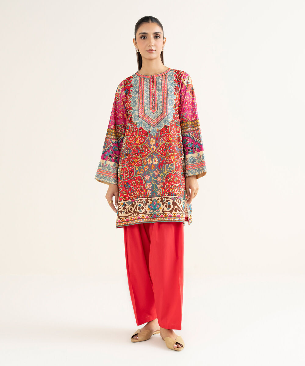 Women's RTW Linen Viscose Embroidered Red Straight Shirt