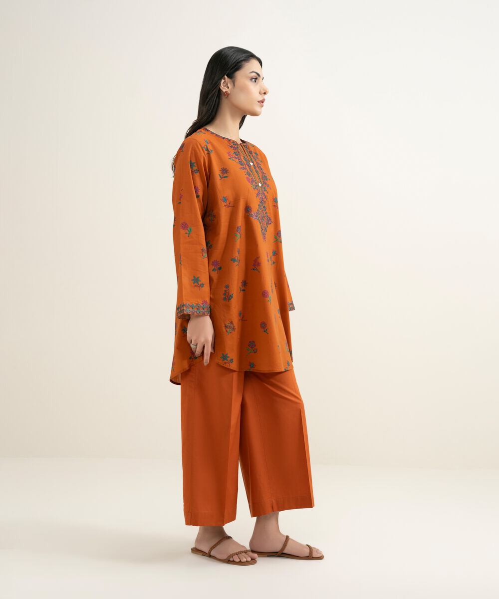 Women's RTW Slub Lawn Embroidered Orange Straight Shirt