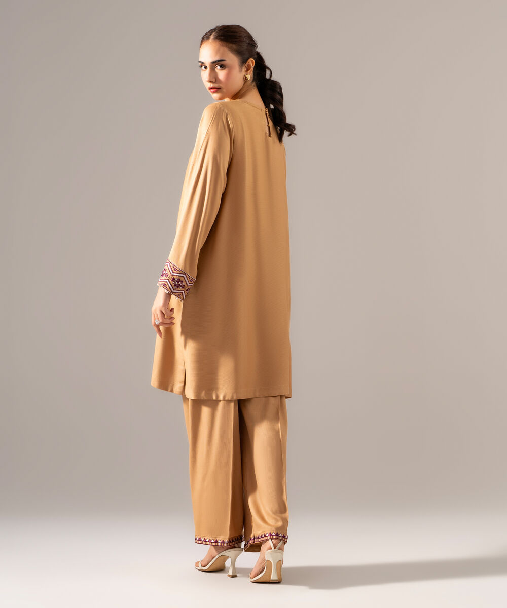 Women's RTW Bedford Solid Embroidered Dark Beige Drop Shoulder Shirt