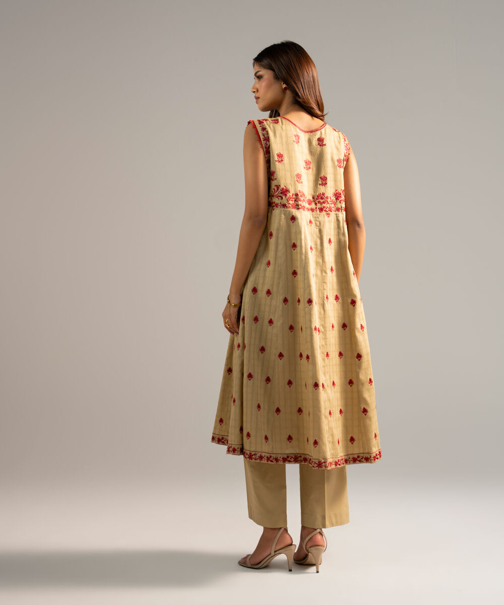 Women's RTW Dobby Embroidered Dark Beige 2 Piece Suit