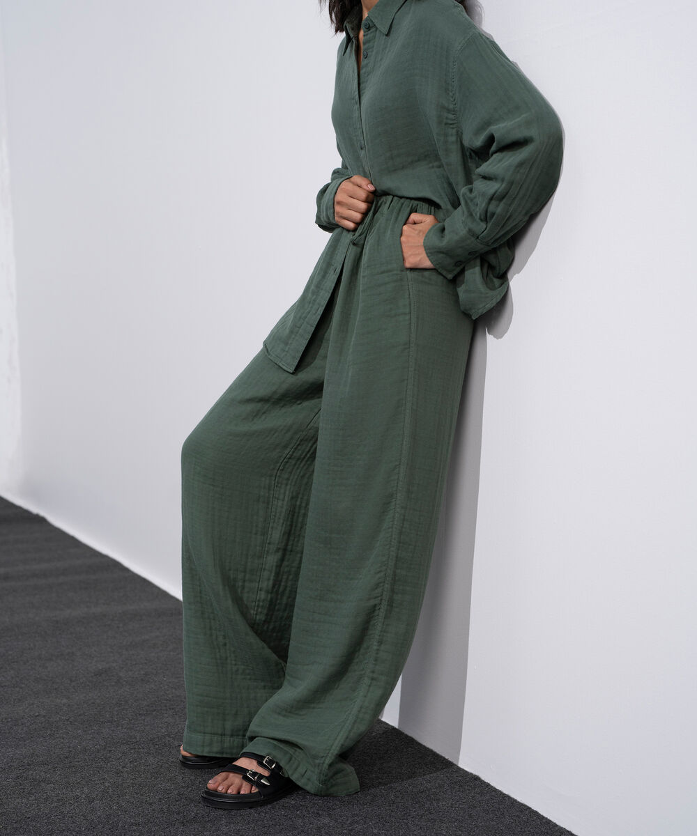 Women's Green Pleated Muslin Trousers