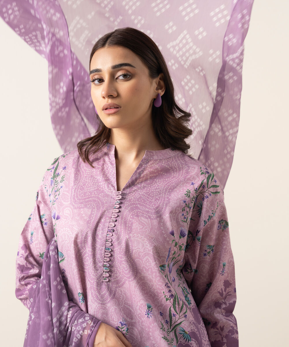 Women's Unstitched Lawn Printed Purple 3 Piece Suit