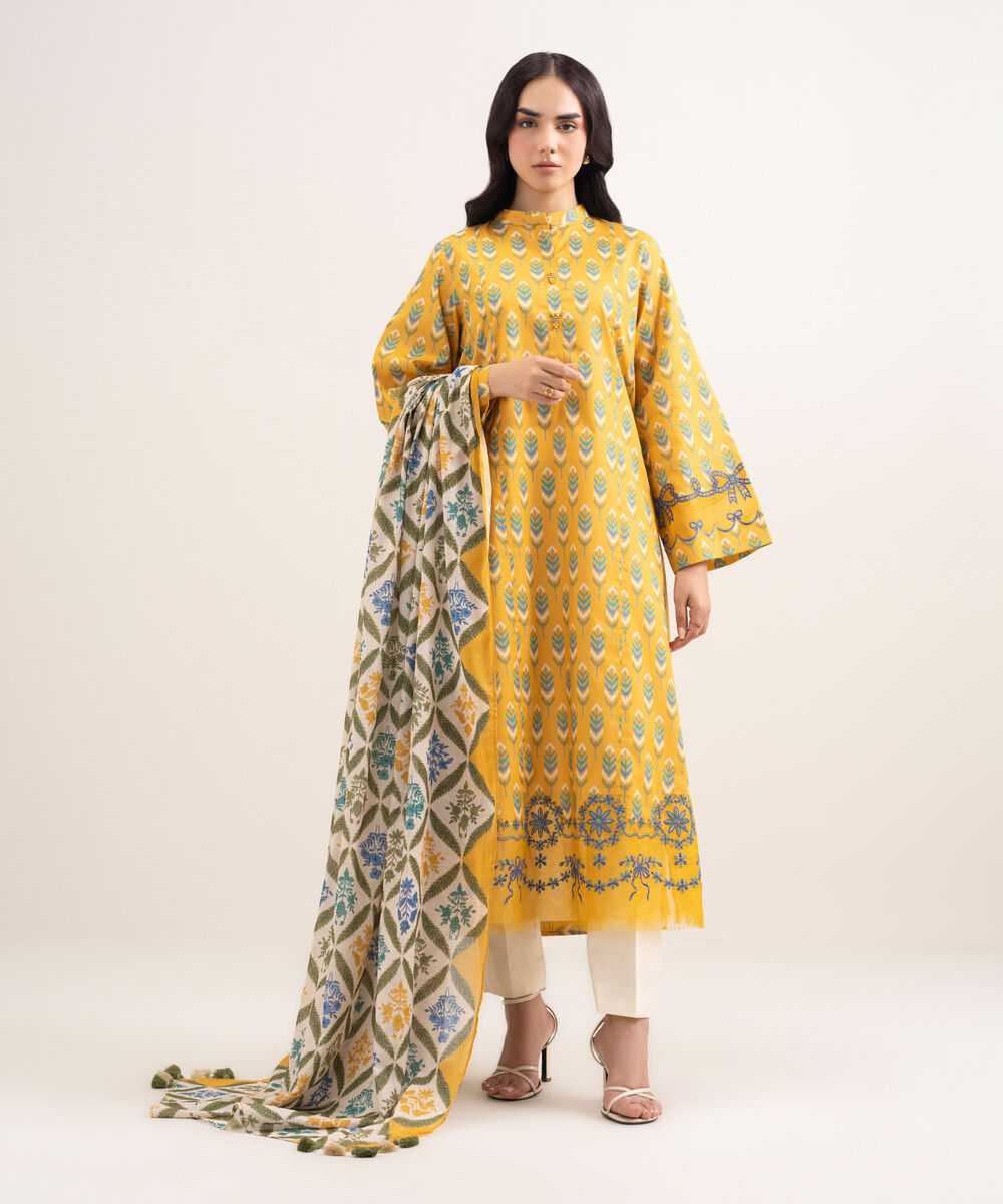Women's Unstitched Lawn Embroidered Yellow 2 Piece Suit