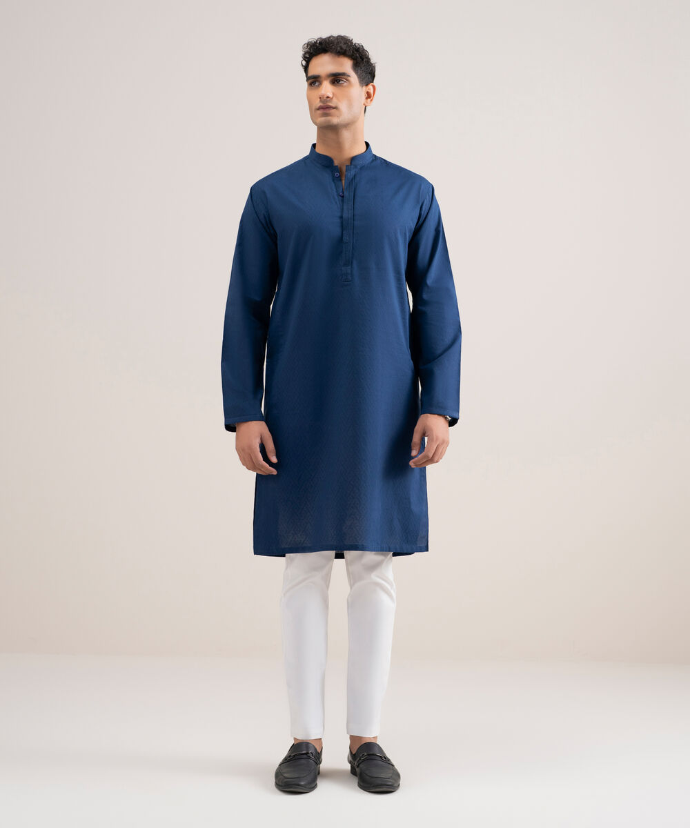 Men's Stitched Cotton Jacquard Royal Blue Kurta