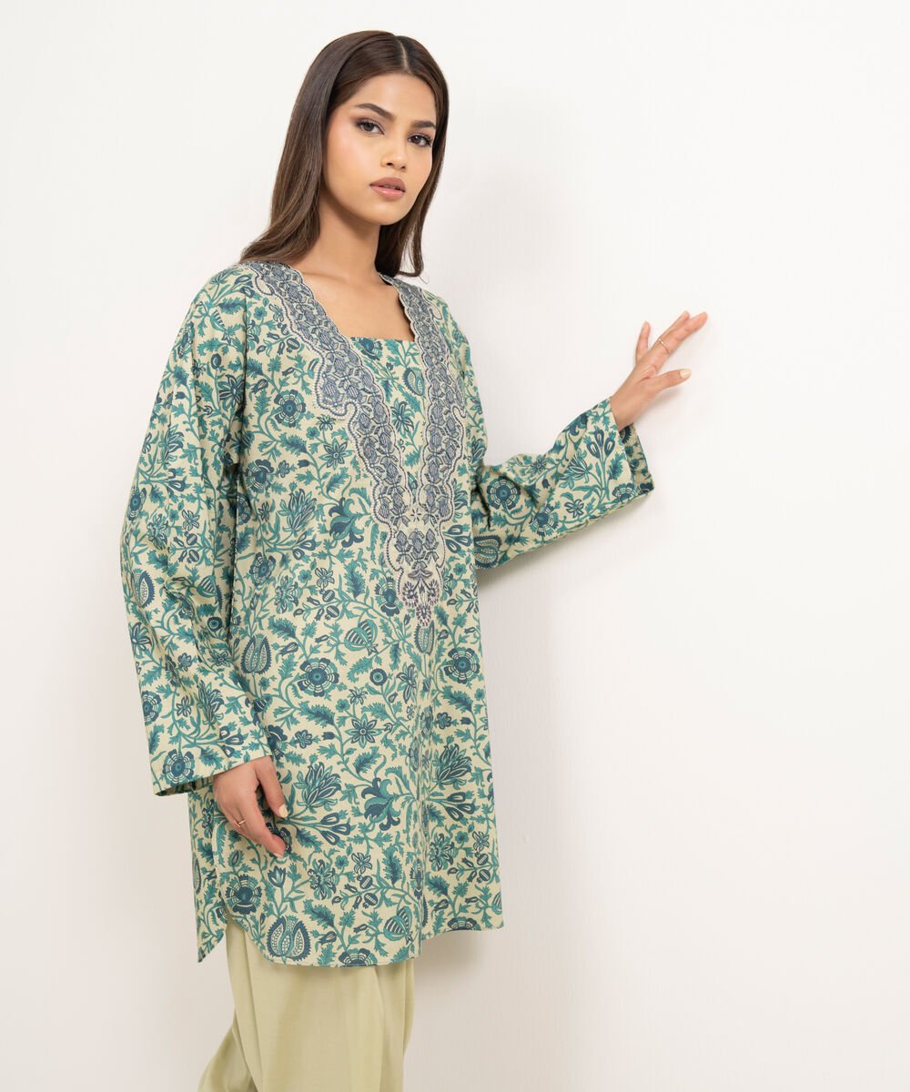 Women's RTW Cotton Viscose Embroidered Green Straight Shirt