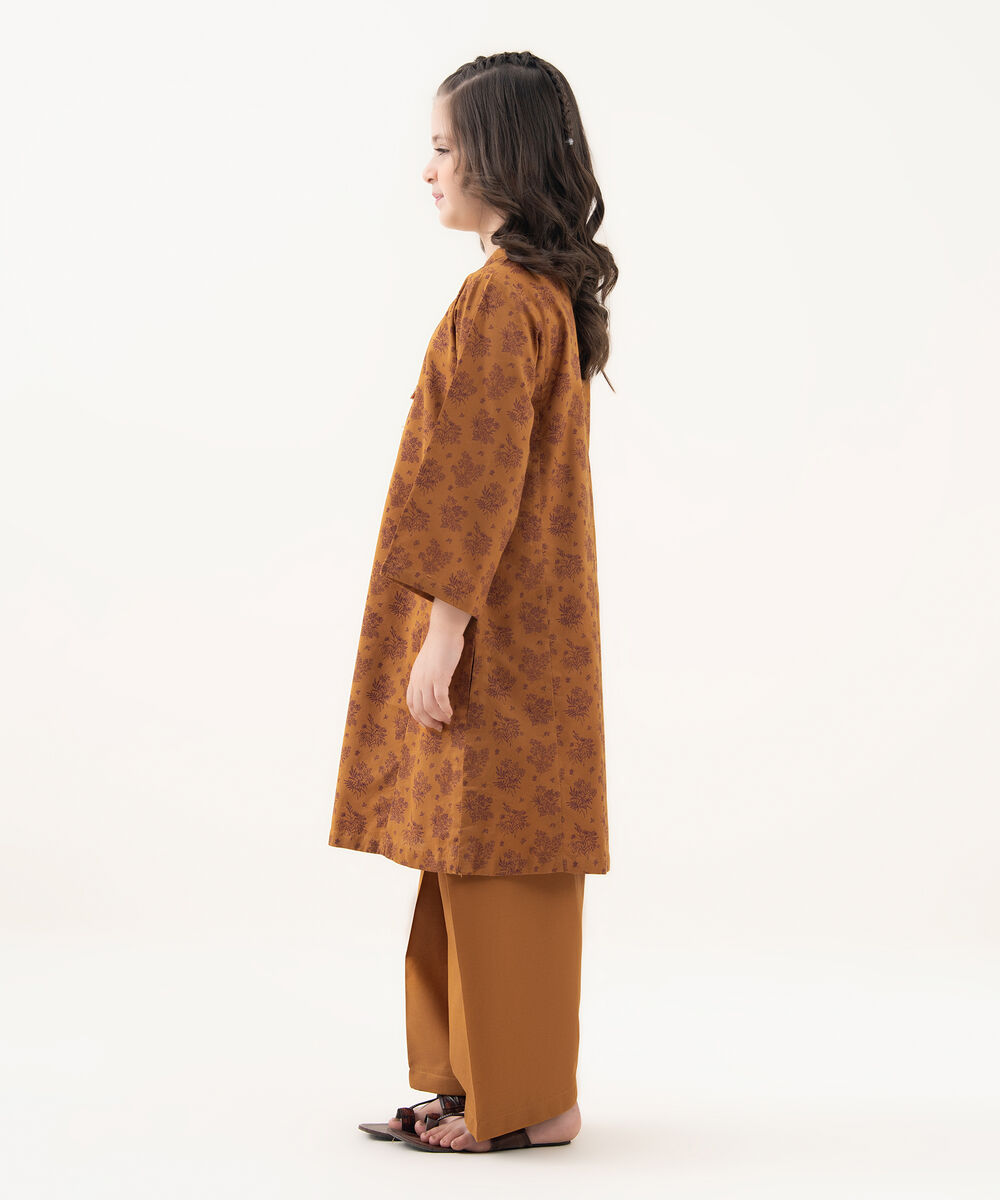 Girl's Cotton Viscose Printed Brown 2 Piece Suit