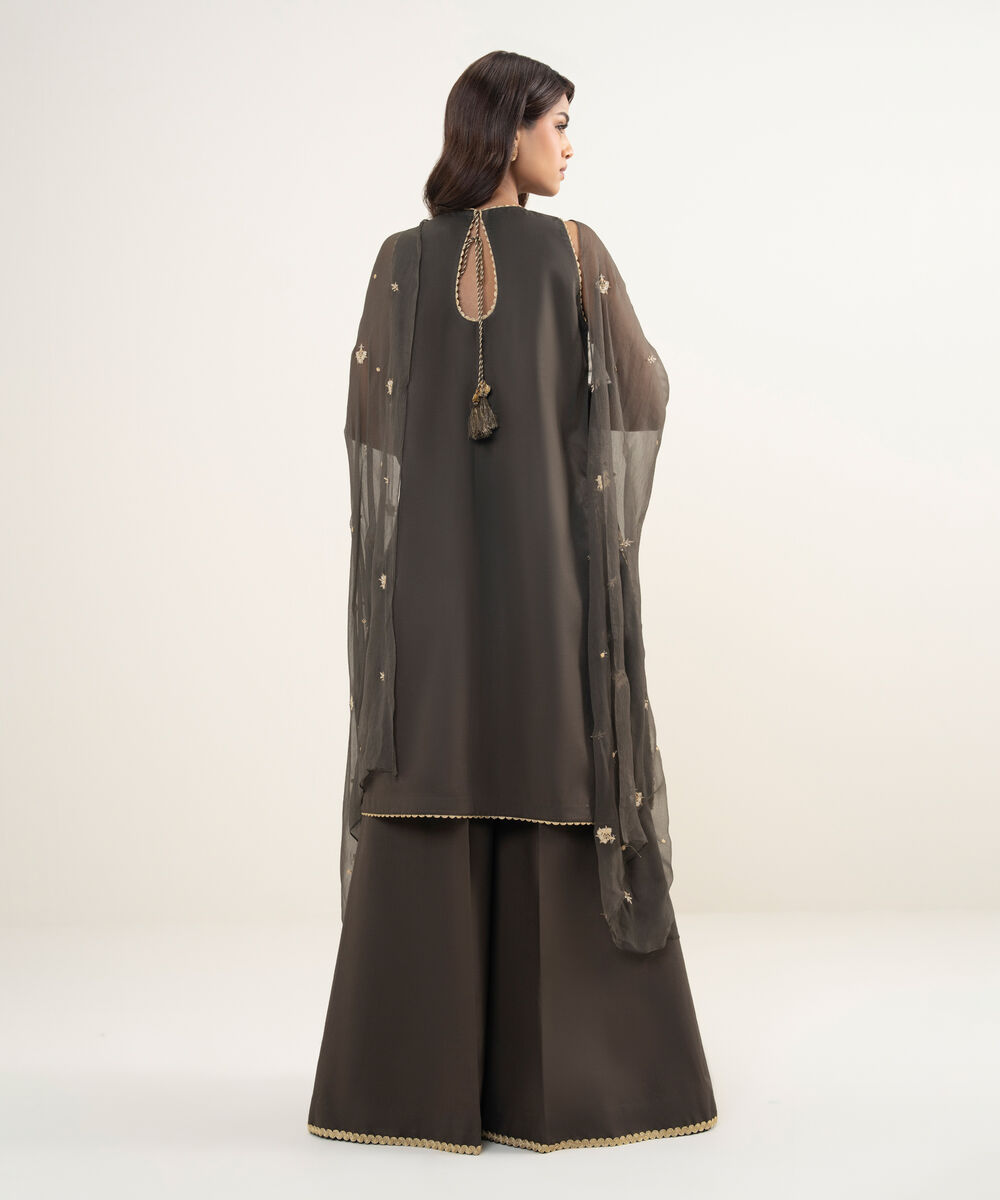 Women's Unstitched Textured Lawn Brown Embroidered 3 Piece Suit