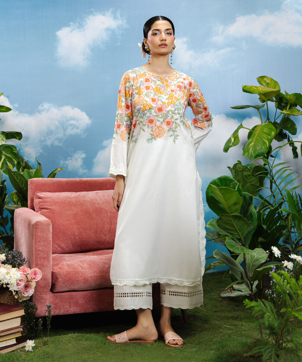 Women's RTW Lawn Printed White 2 Piece Suit