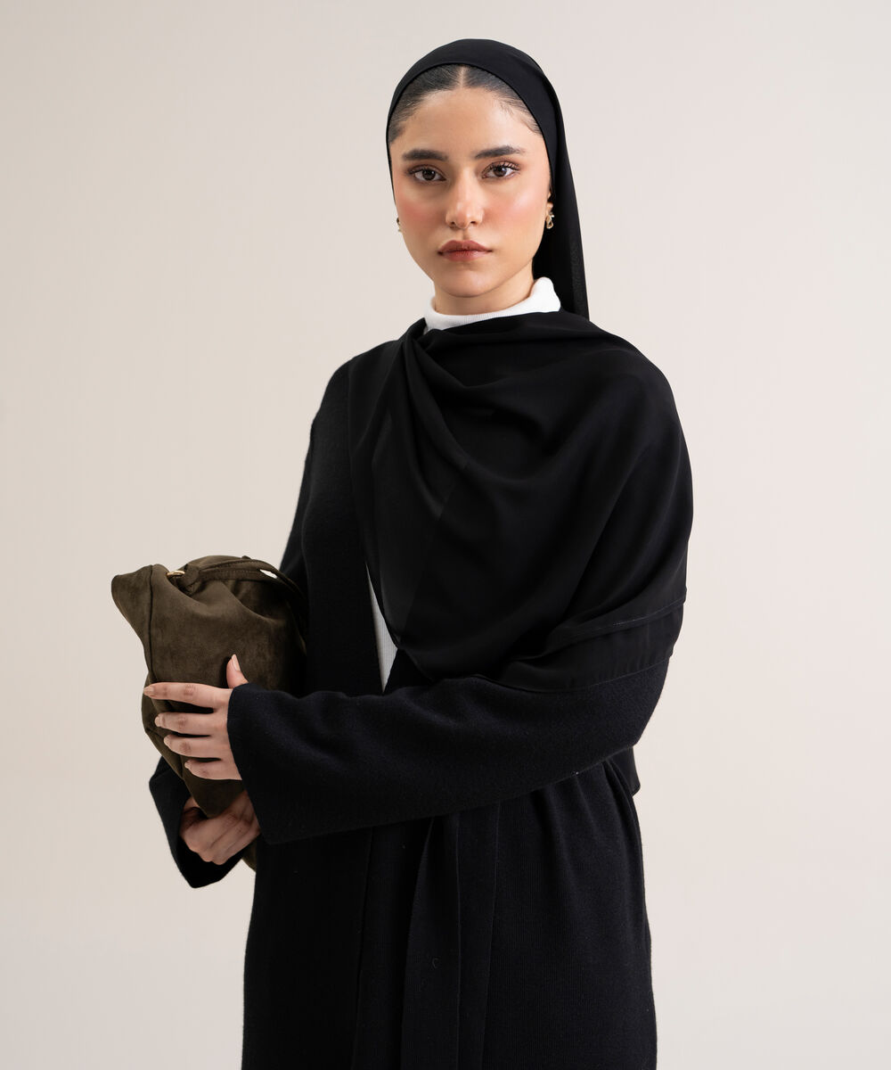 Women's Black Solid Sweater-Knit Abaya Set