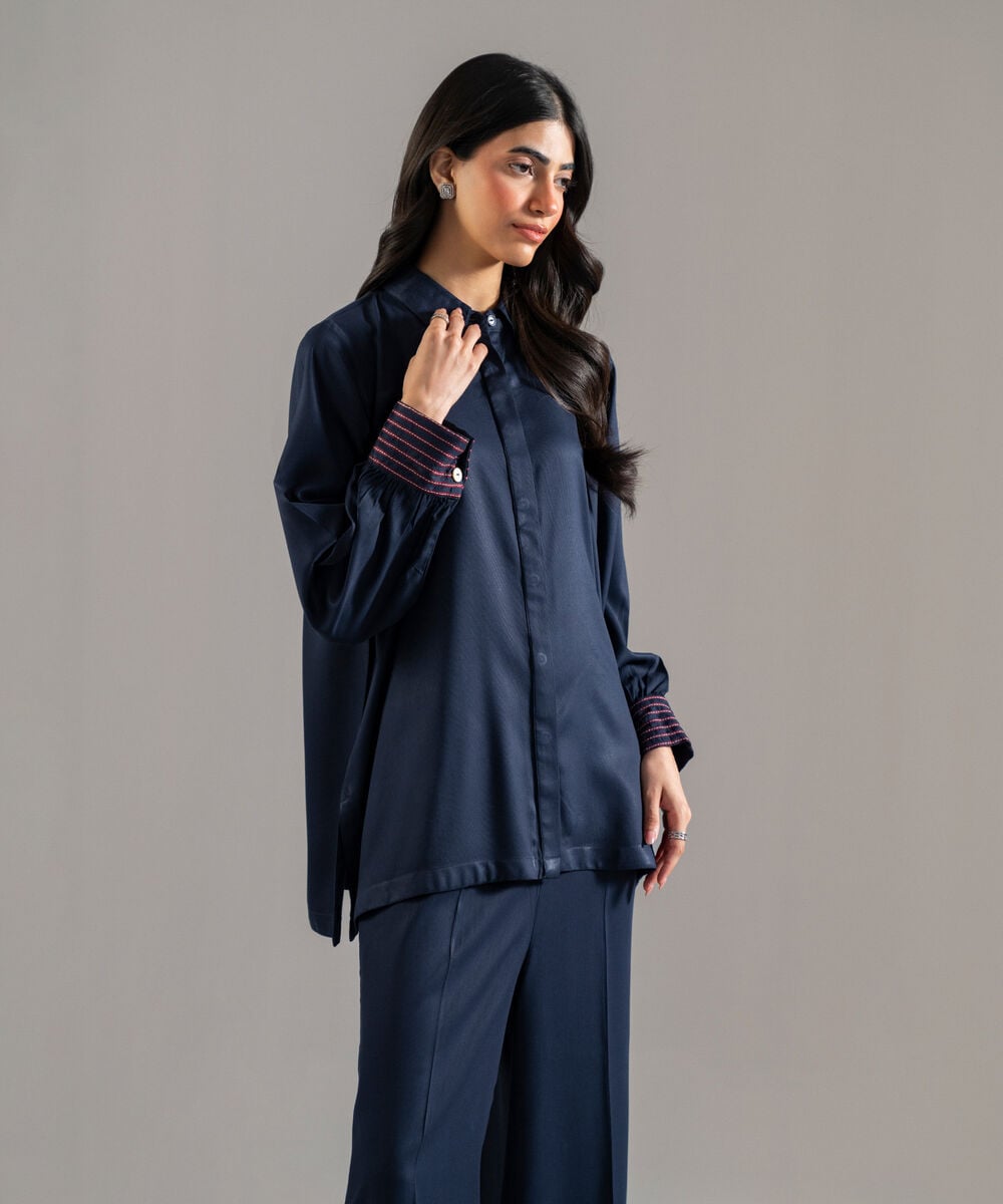 Women's RTW Bedford Solid Embroidered Dark Blue Drop Shoulder Shirt