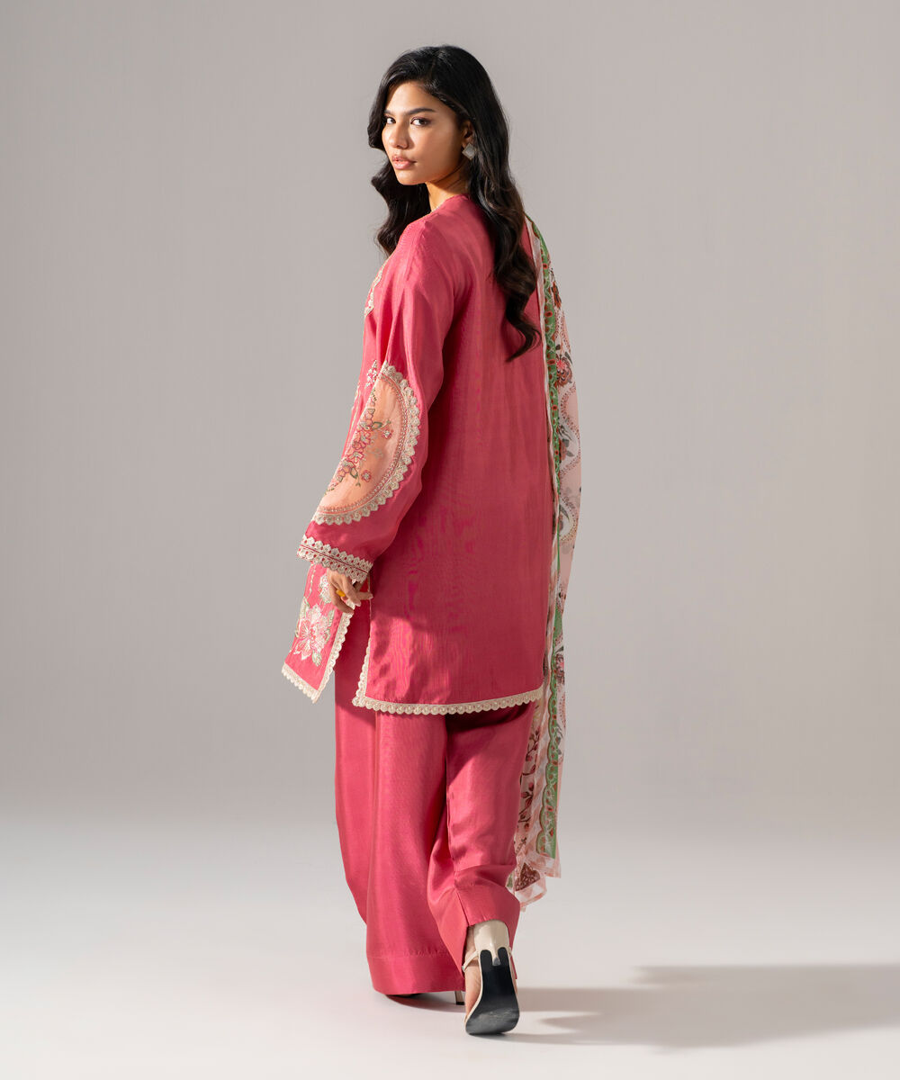 Women's RTW Bright Raw Silk Embroidered Pink 3 Piece Suit