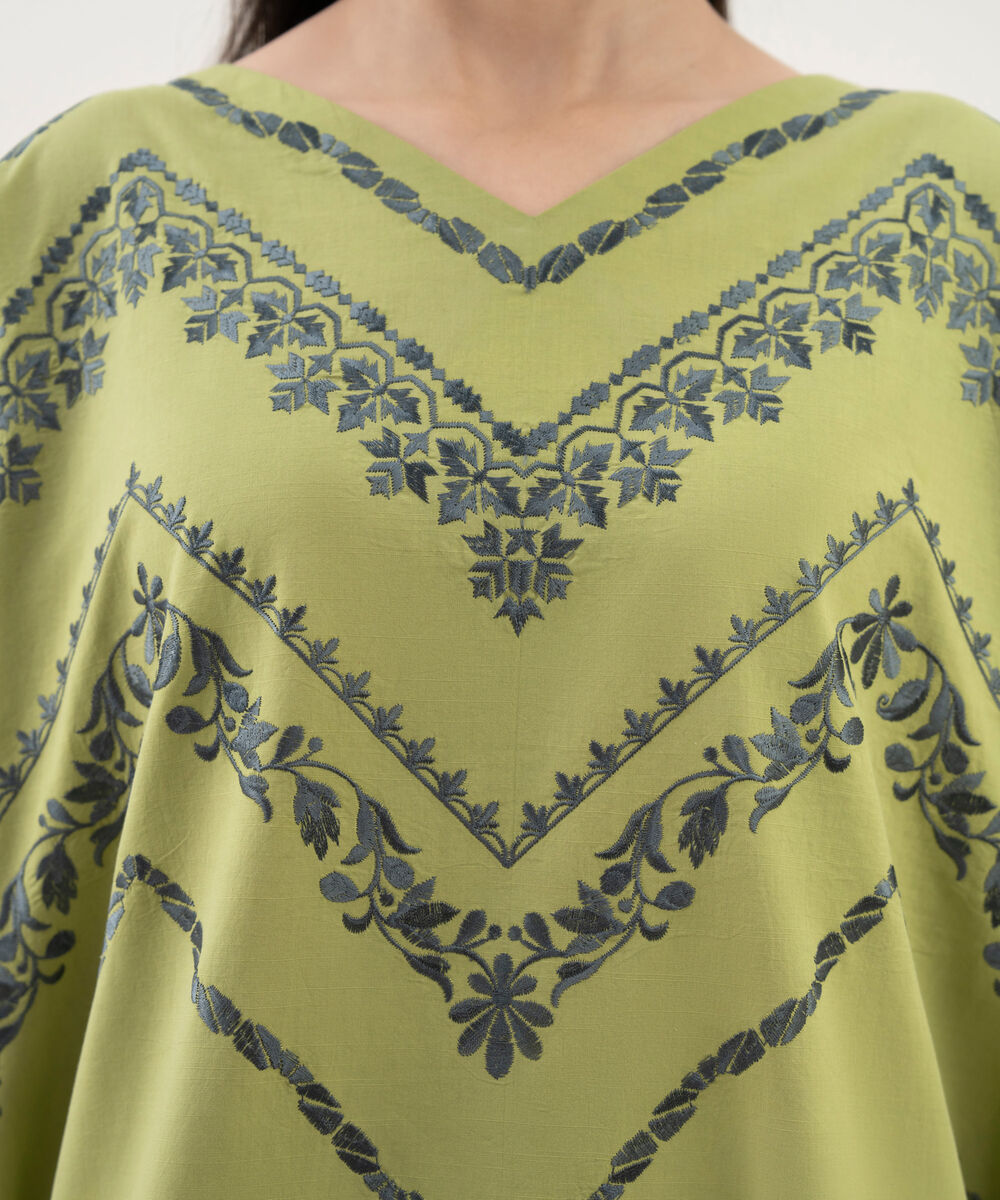 Women's Unstitched Cotton Embroidered Green 3 Piece Suit