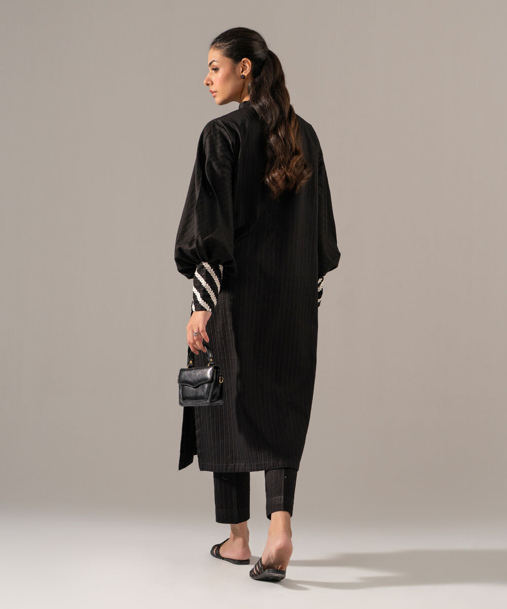 Women's RTW Dobby Strip Solid Black 2 Piece Suit