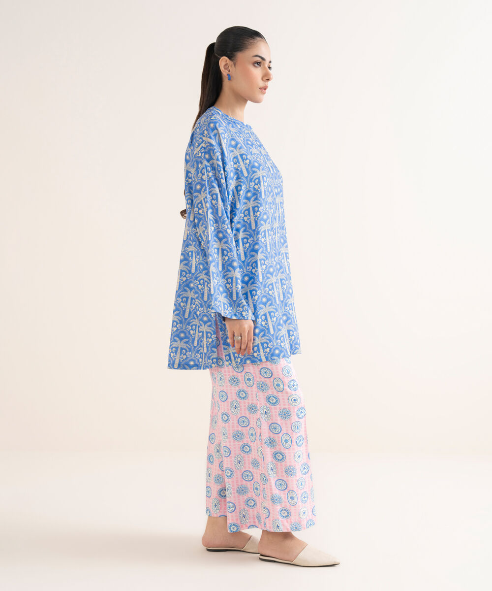 Women's RTW Linen Viscose Printed Blue Drop Shoulder Shirt