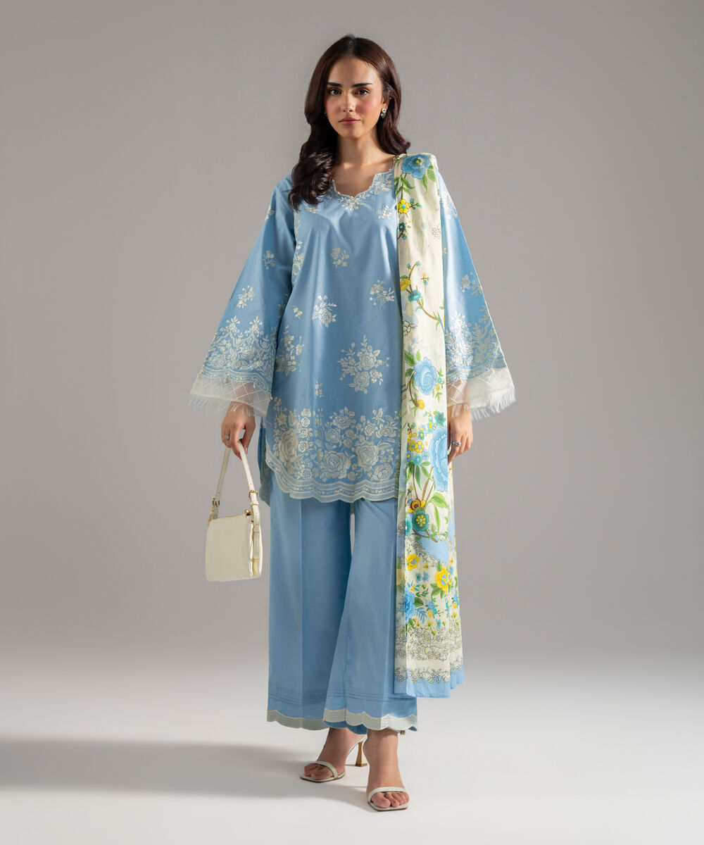 Women's RTW Cambric Solid Embroidered Blue 3 Piece Suit