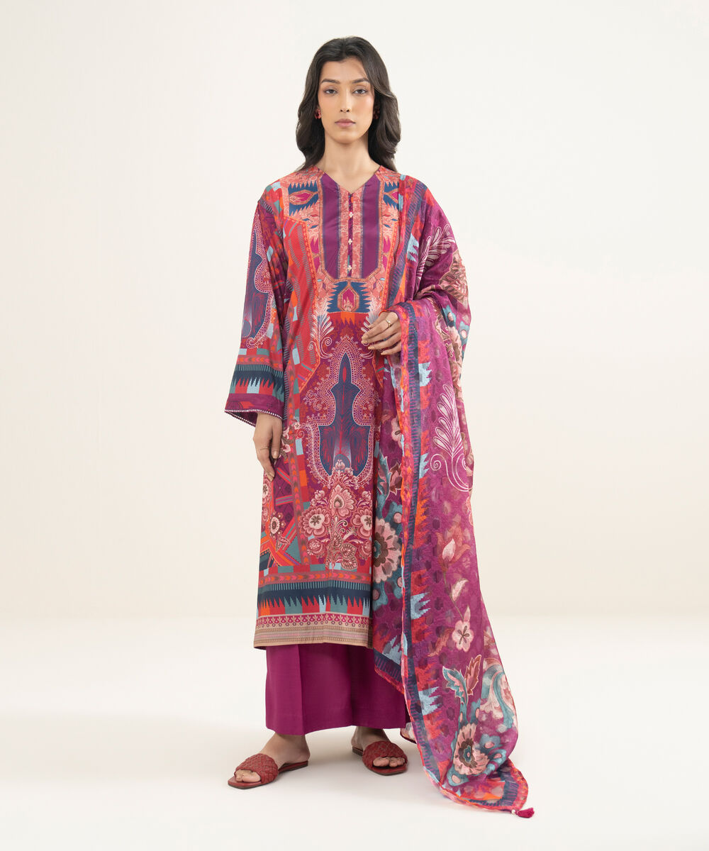 Women's RTW Blended Grip Silk Printed Purple 3 Piece Suit