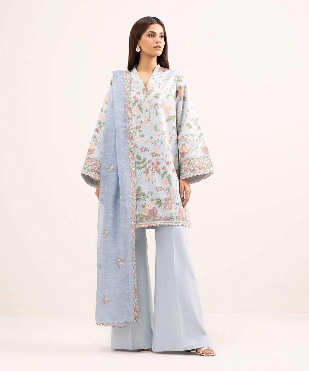 Women's Unstitched Lawn Embroidered Blue 3 Piece Suit