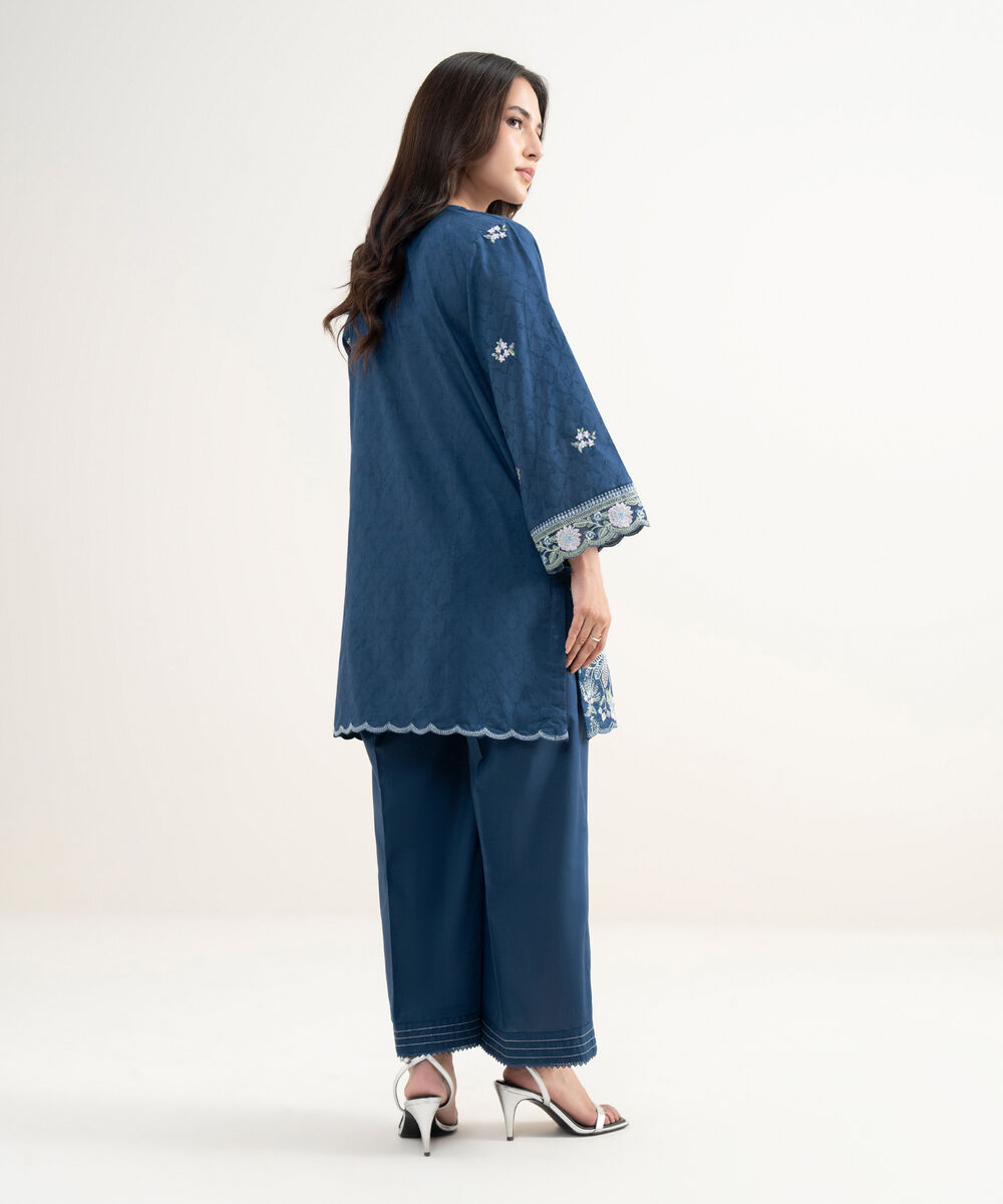 Women's RTW Self Jacquard Embroidered Blue Straight Shirt