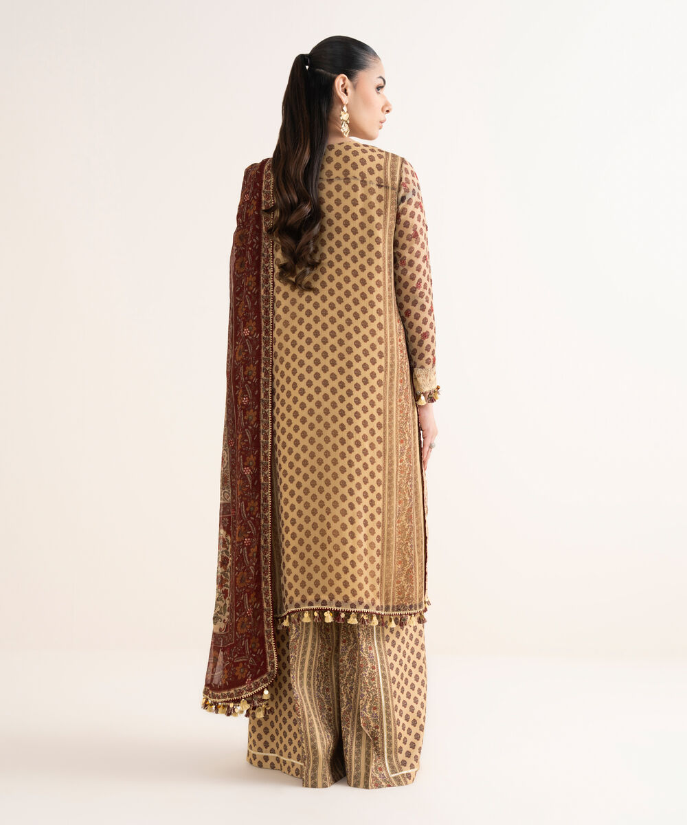Women's Unstitched Embroidered Blended Chiffon Beige 3 Piece Suit