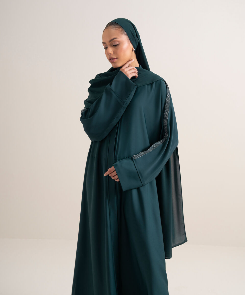 Women's Teal Embellished Kimono Abbaya Set