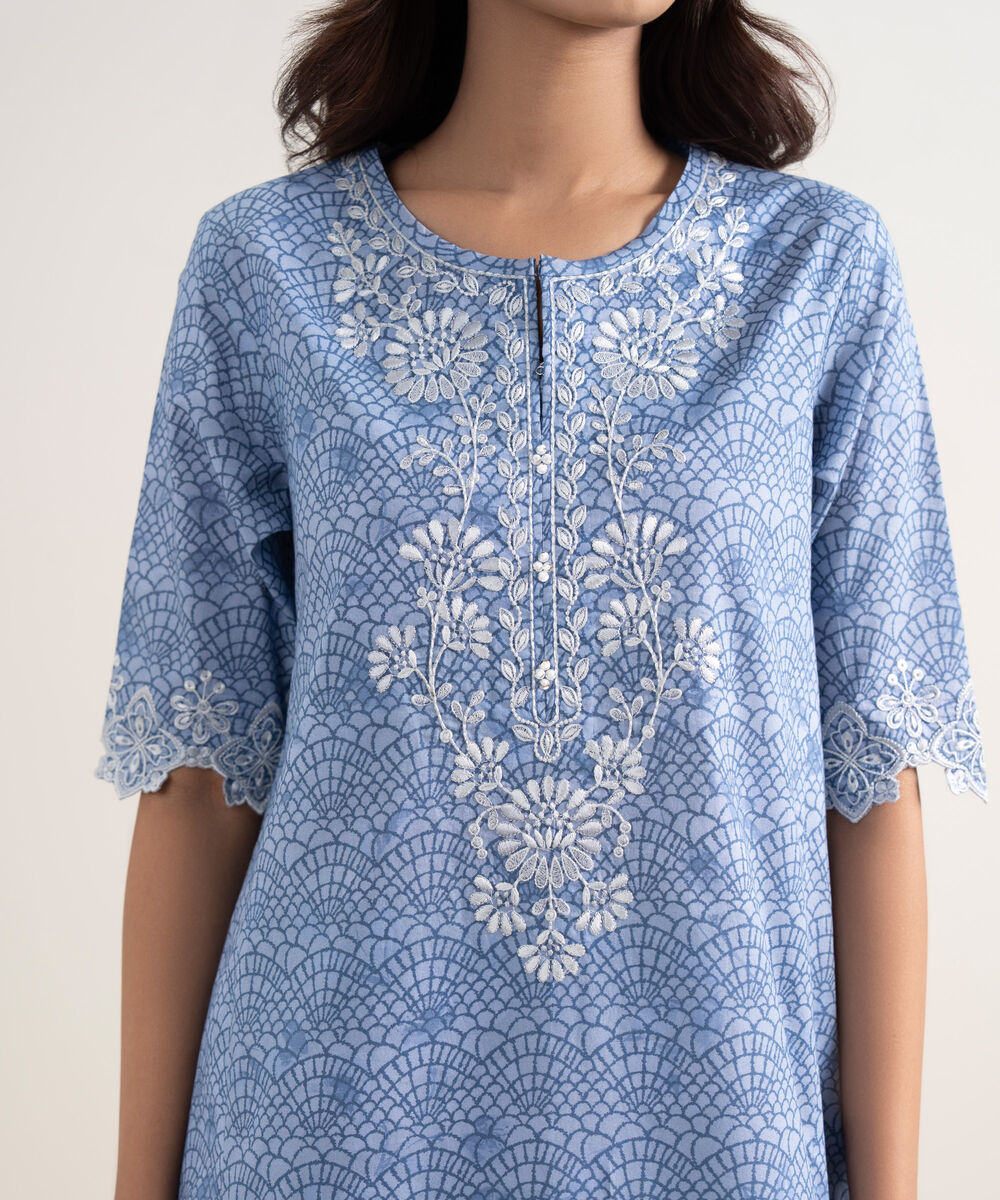 Women's Unstitched Lawn Blue Embroidered 3 Piece Suit