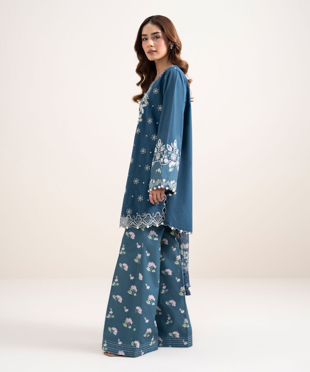 Women's Unstitched Dobby Embroidered Blue 3 Piece Suit
