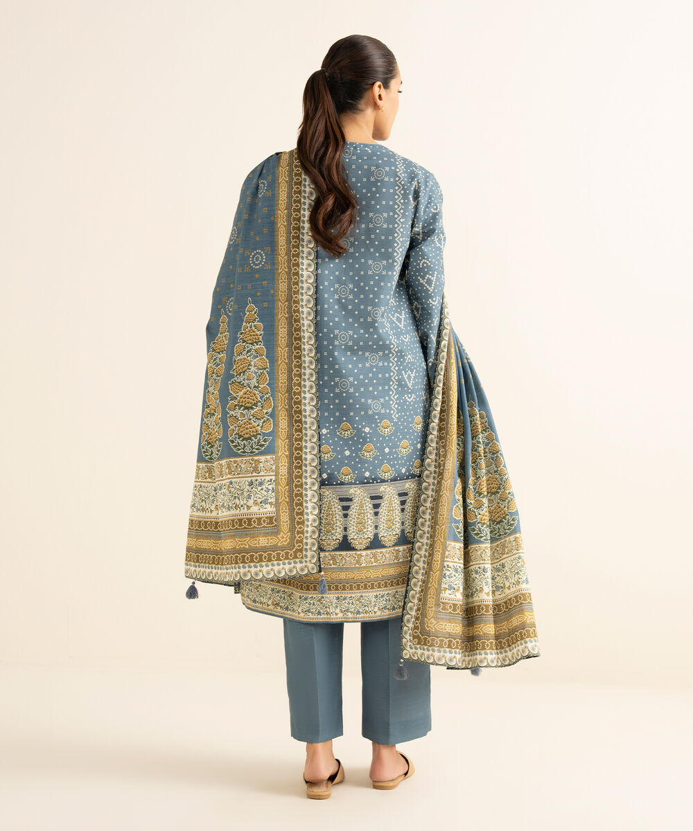 Women's Unstitched Cotton Printed Blue 3 Piece Suit