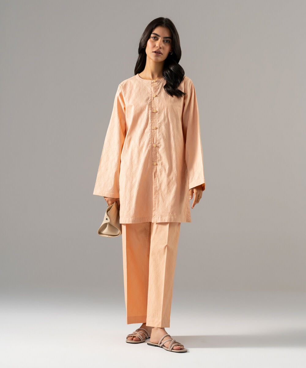 Women's RTW Textured Cotton Solid Peach 2 Piece Suit