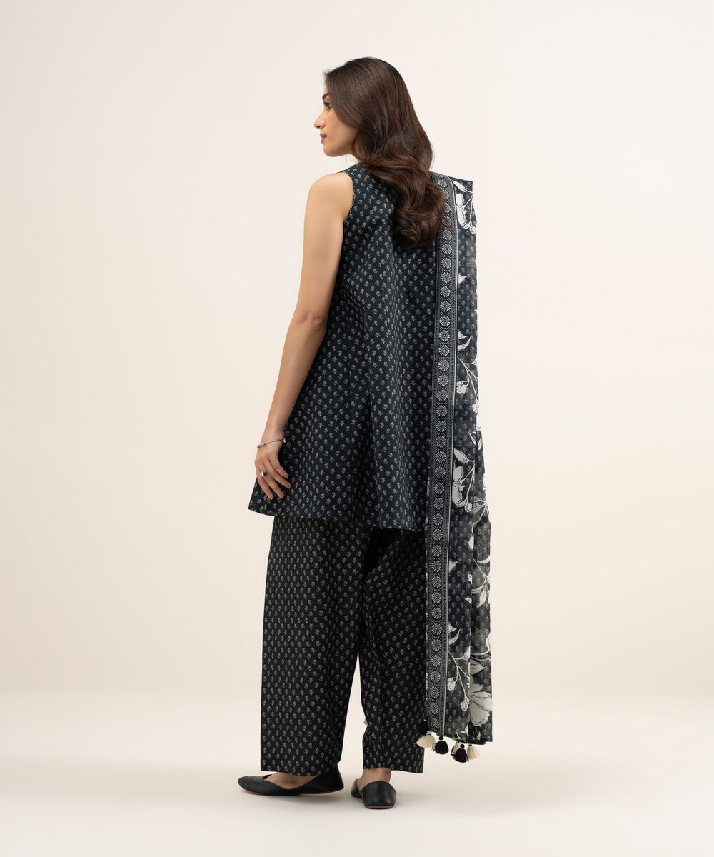 Women's Unstitched Lawn Printed Black and Off White 3 Piece Suit