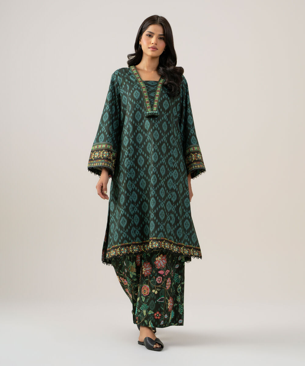 Women's Unstitched Linen Printed Teal Green 2 Piece Suit