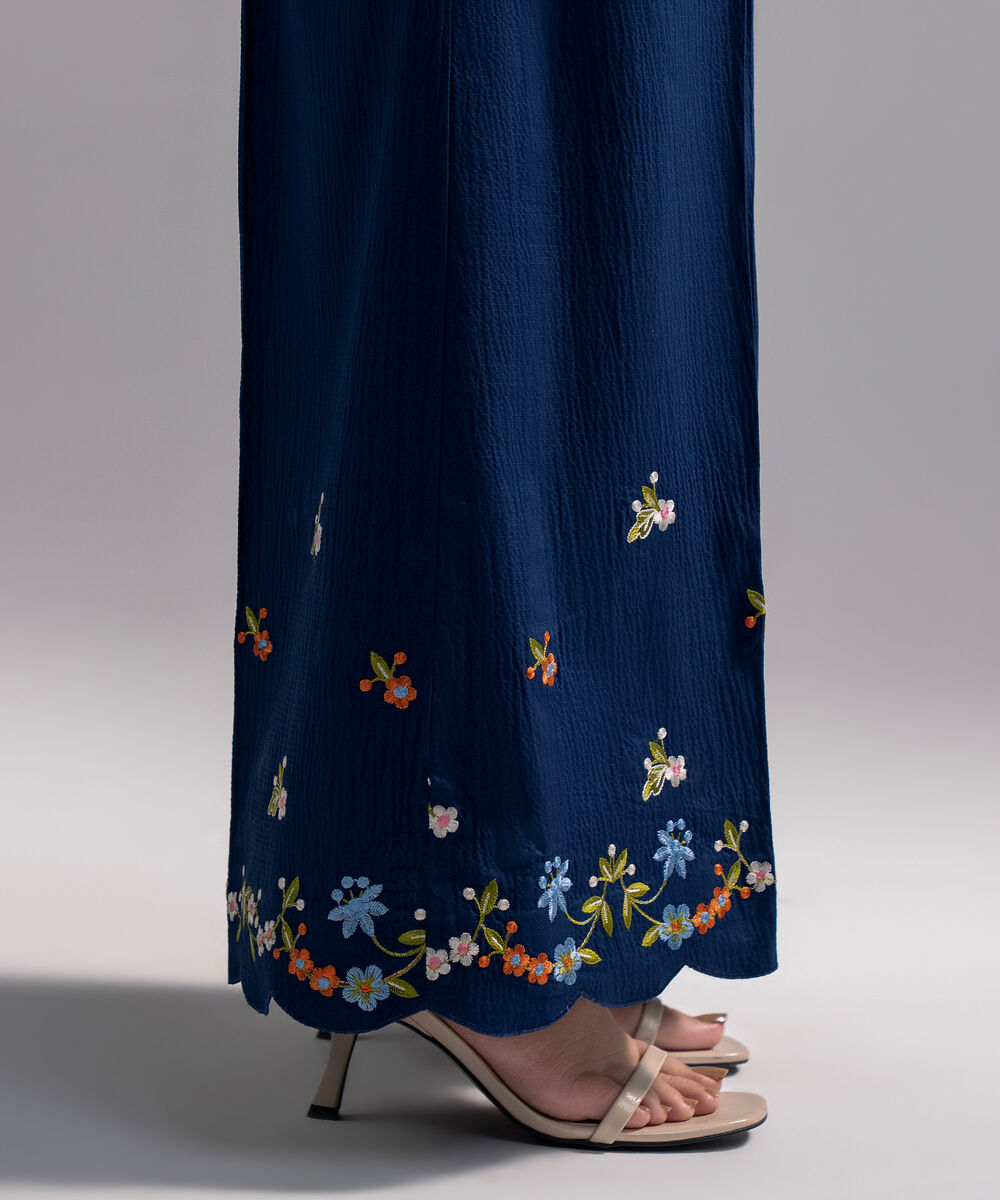 Women's RTW Seersucker Embroidered Dark Blue Flared Pants