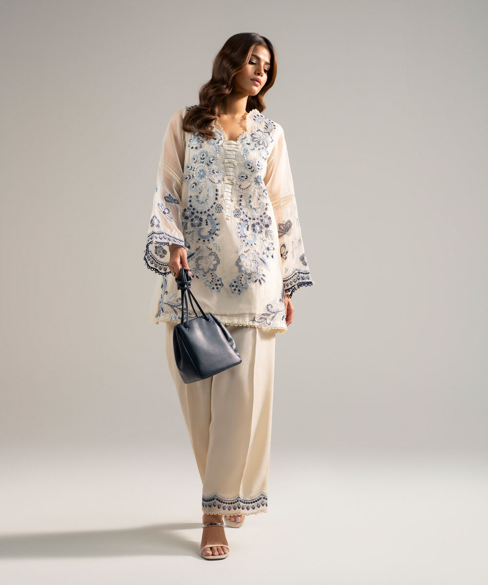 Women's RTW Organza Embroidered Off White 2 Piece Suit