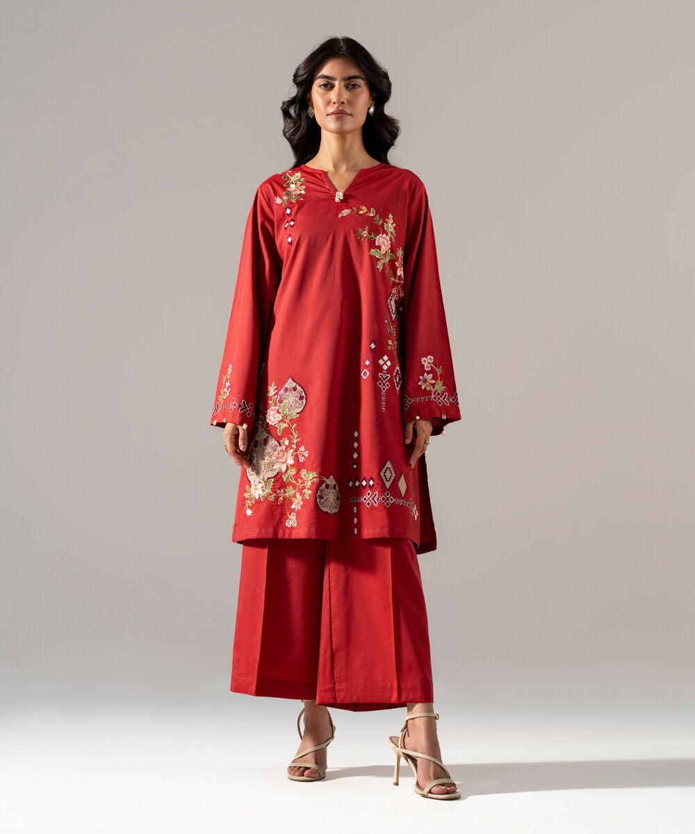 Women's RTW Solid Embroidered Rust Cotton Viscose Shirt