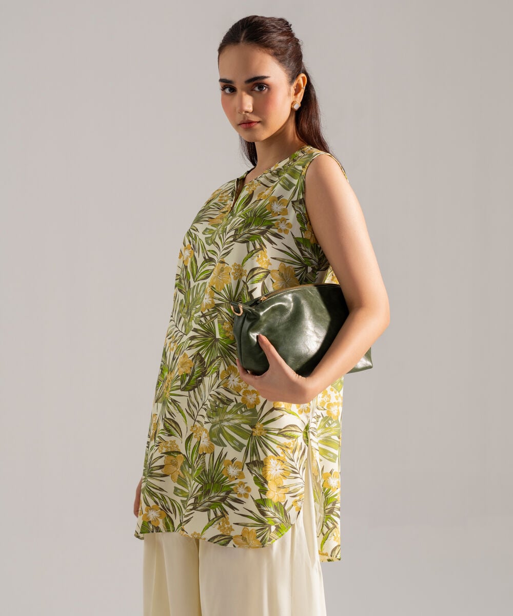 Women's RTW Printed Green Viscose Linen 2 Piece Suit