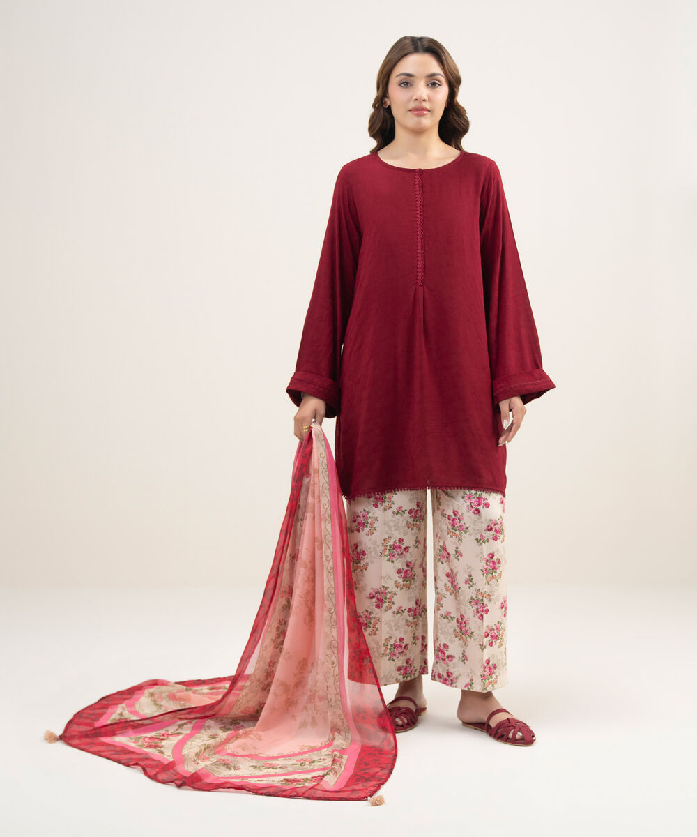 Women's RTW Arabic Self Jacquard Solid Maroon Straight Shirt