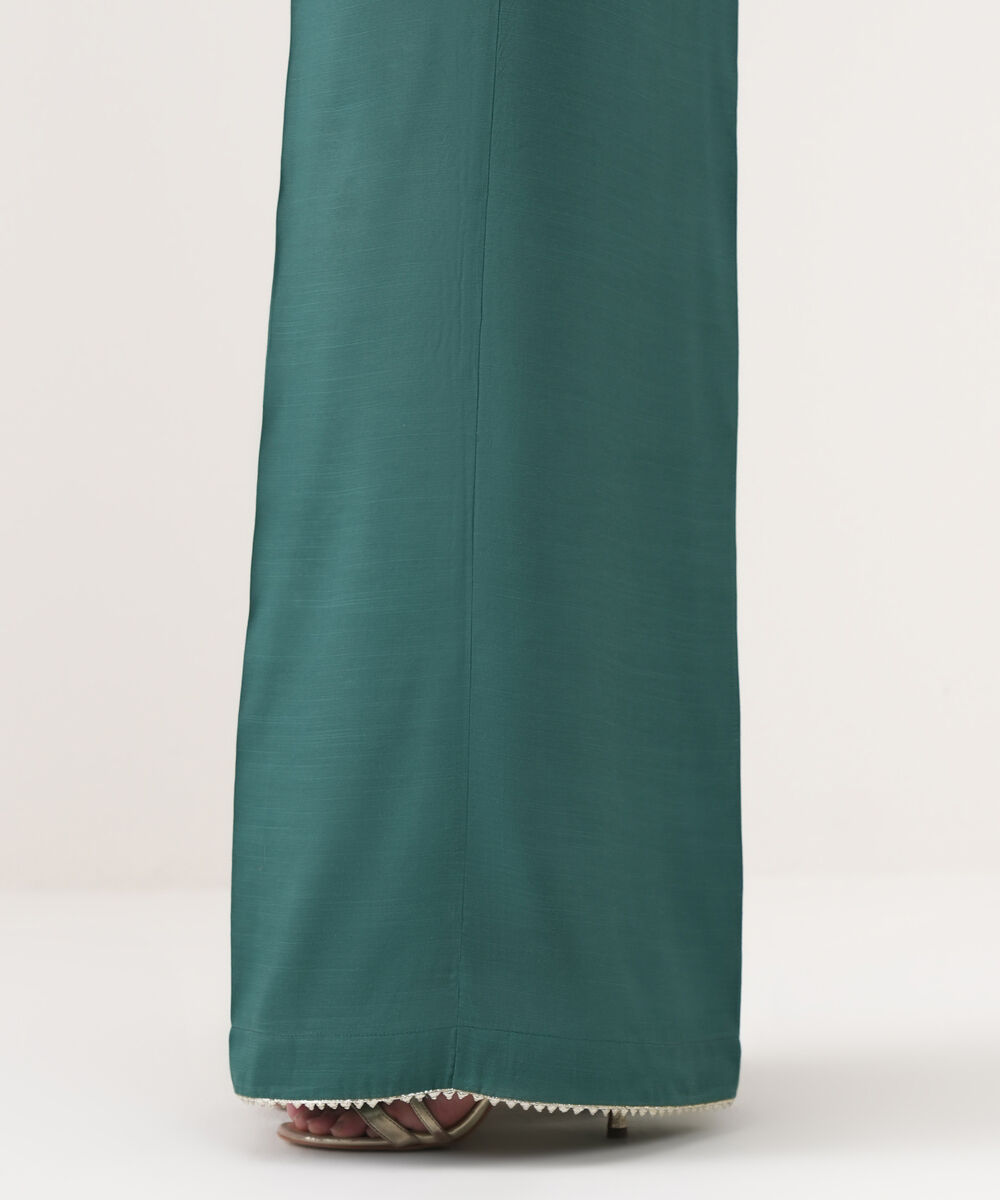 Women's RTW Viscose Raw Silk Solid Green Flared Pants