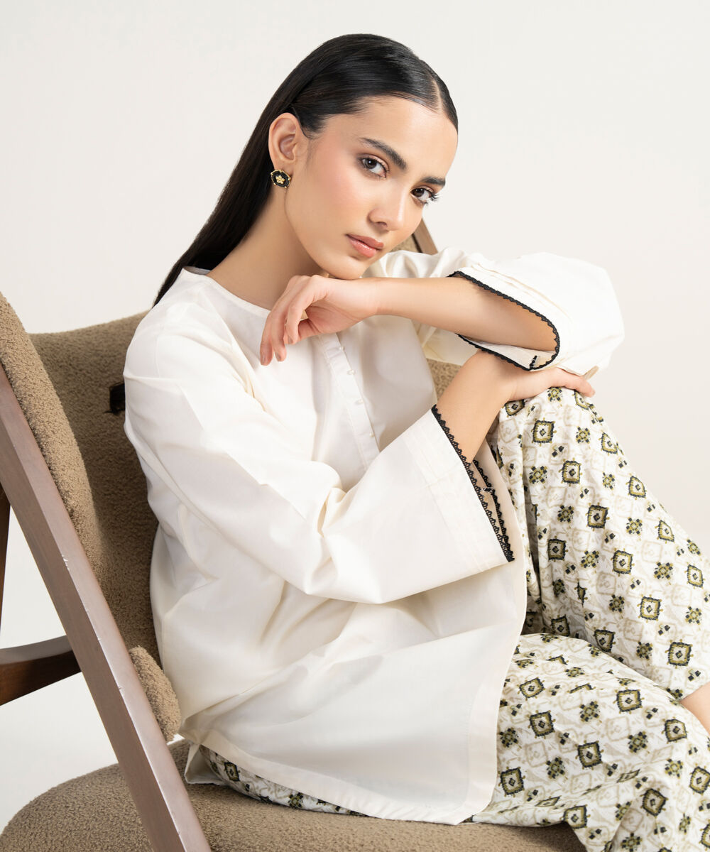 Women's RTW Lawn Solid Off White Straight Shirt