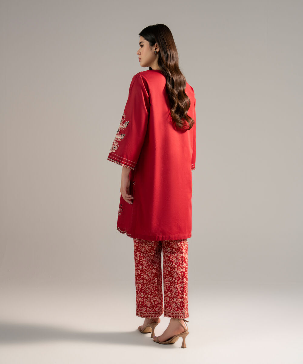 Women's RTW Cross Hatch Embroidered Red Straight Shirt