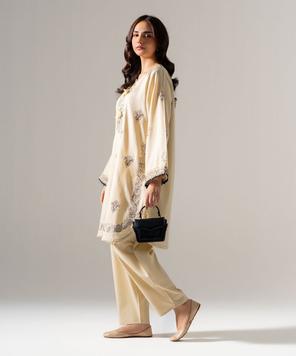 Women's RTW Dobby Solid Embroidered Off White Straight Shirt