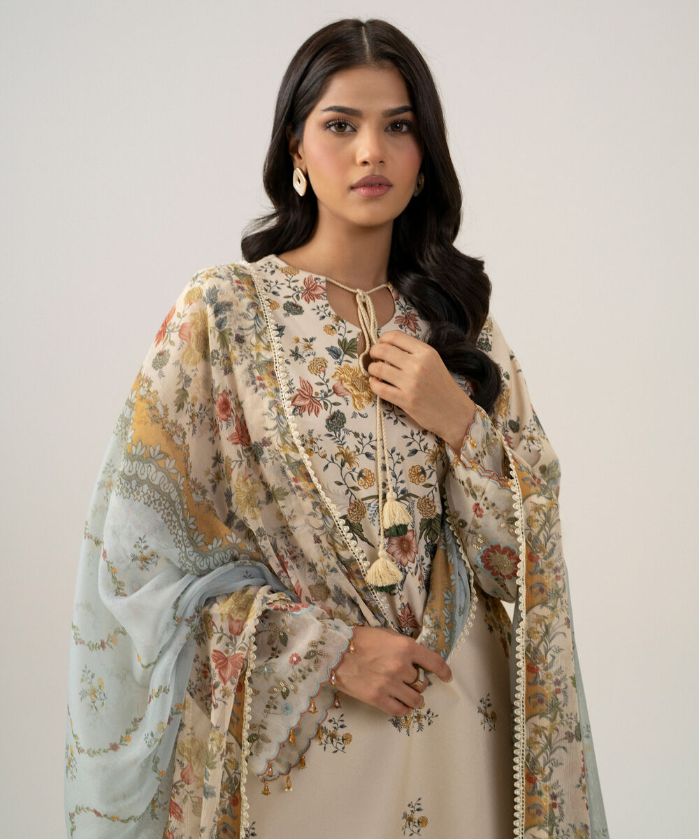 Women's Unstitched Bemberg Tissue Printed Light Beige 3 Piece Suit
