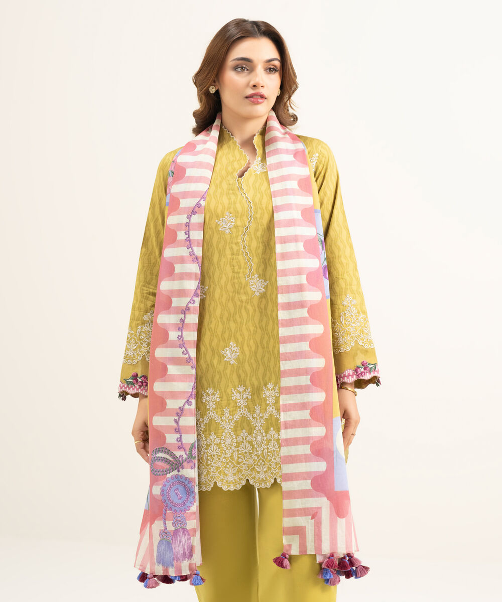 Women's Unstitched Lawn Yellow Embroidered 3 Piece Suit