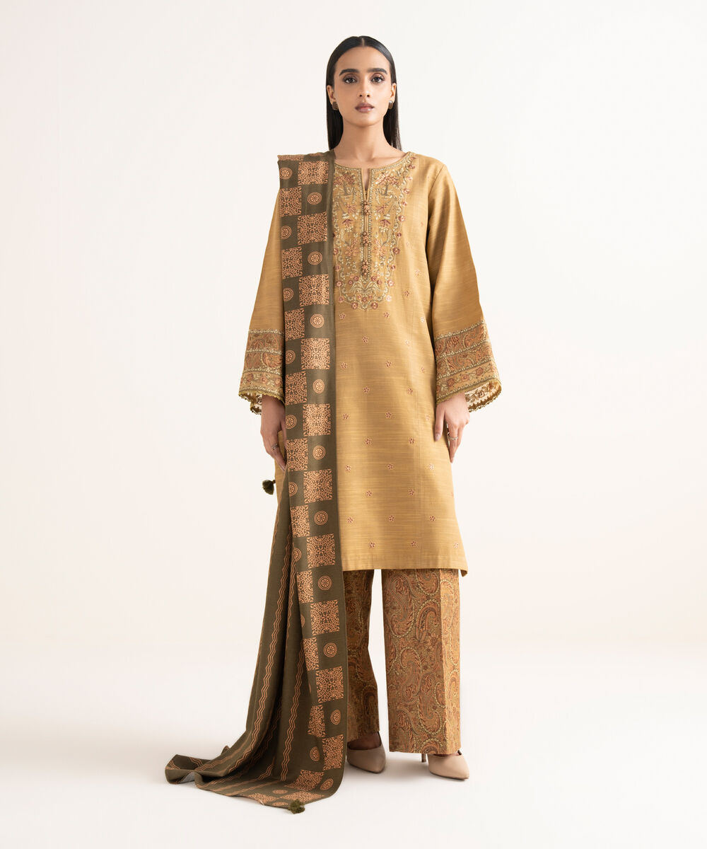 Women's Unstitched Light Khaddar Embroidered Brown 3 Piece Suit