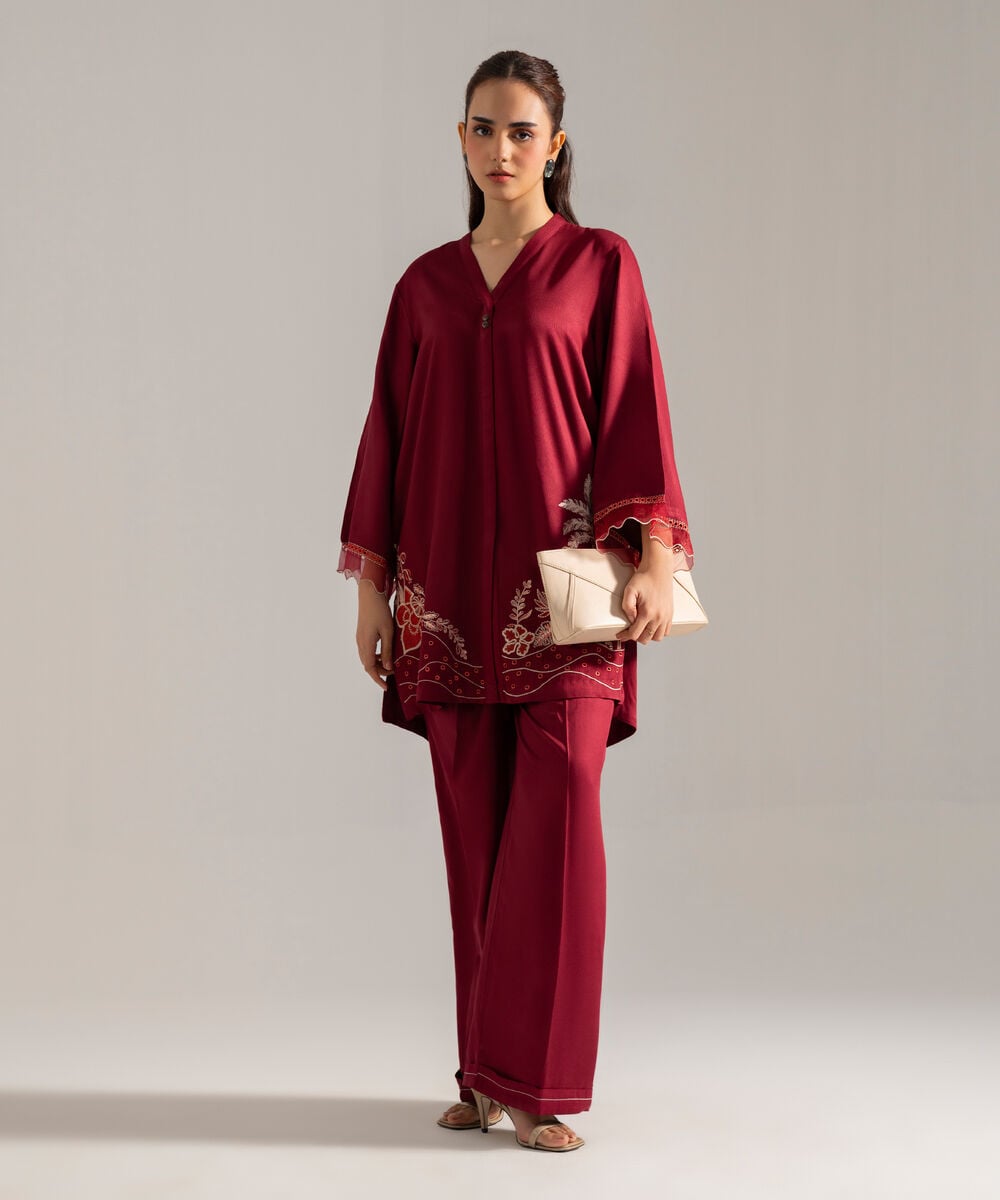 Women's RTW Solid Embroidered Maroon Bedford Shirt