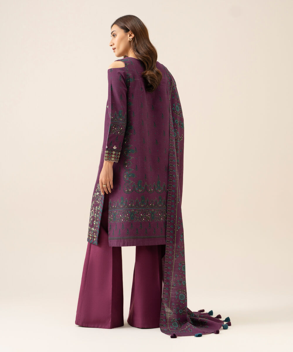 Women's Unstitched Light Khaddar Embroidered Plum 3 Piece Suit