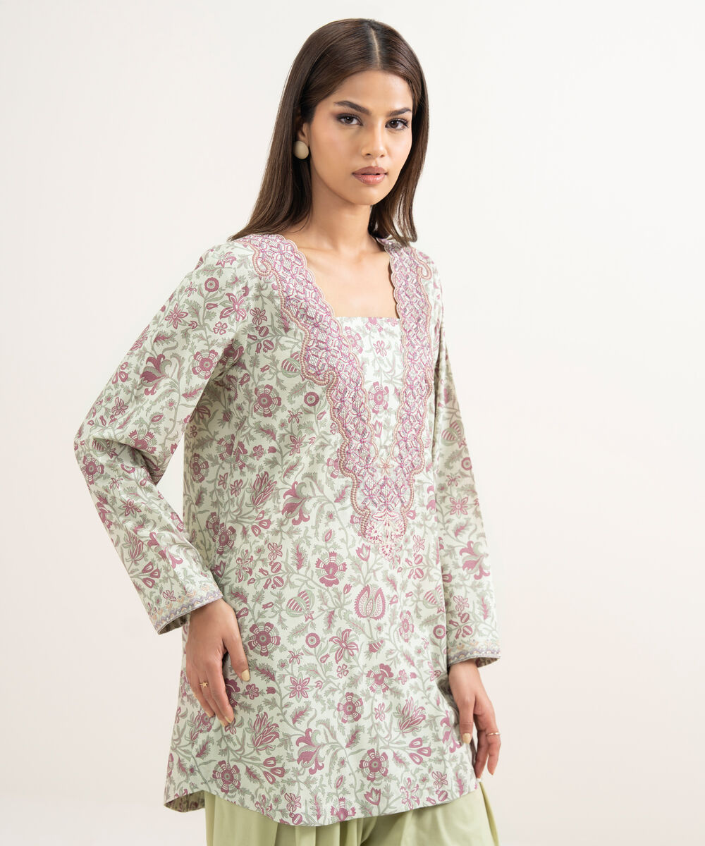 Women's RTW Cotton Viscose Embroidered Mint Green Straight Shirt