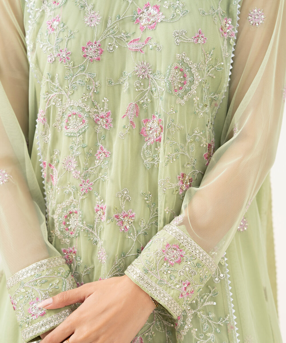 Women's RTW Blended Net Green Dyed Three Piece