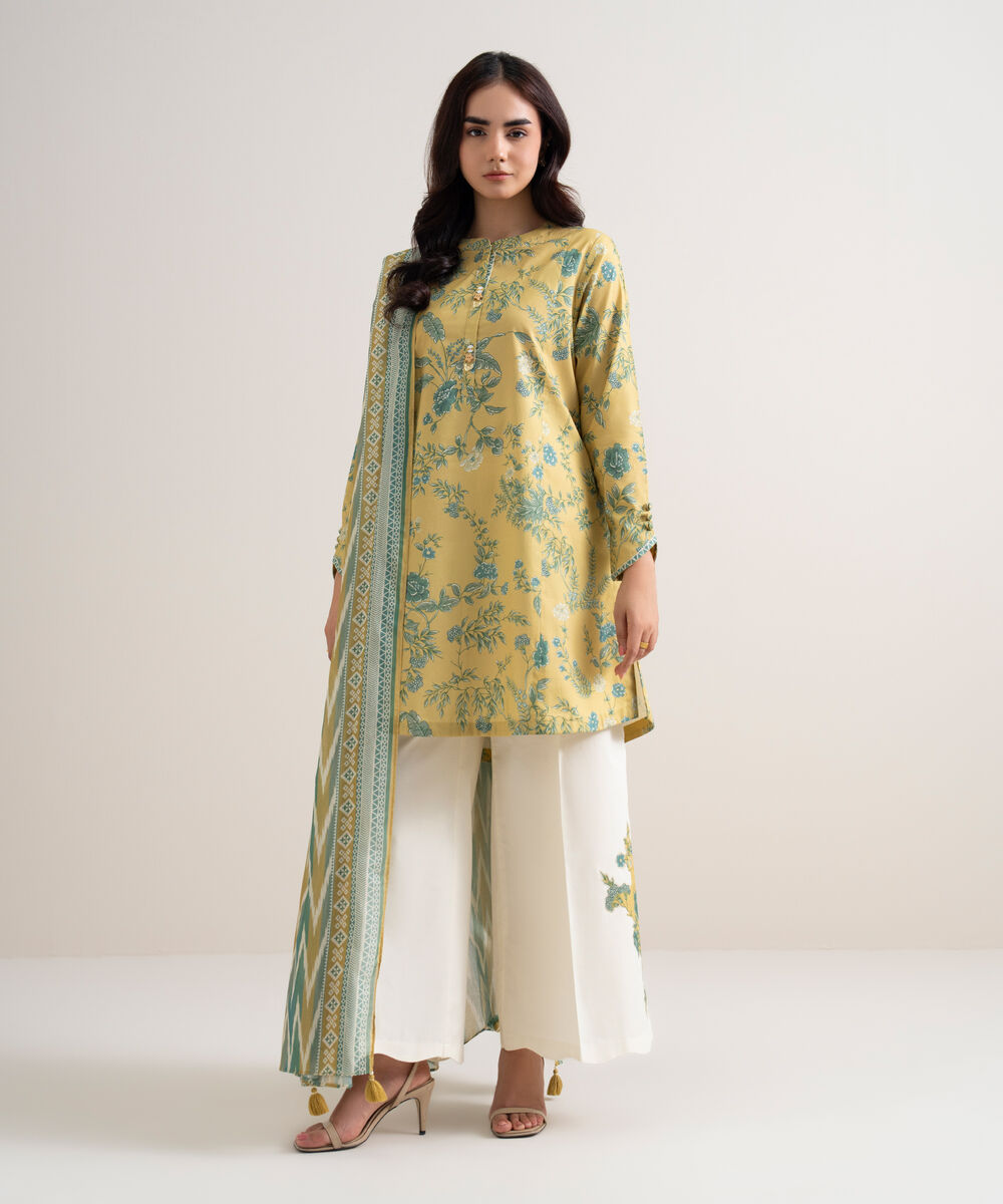 Women's Unstitched Lawn Printed Yellow 2 Piece Suit